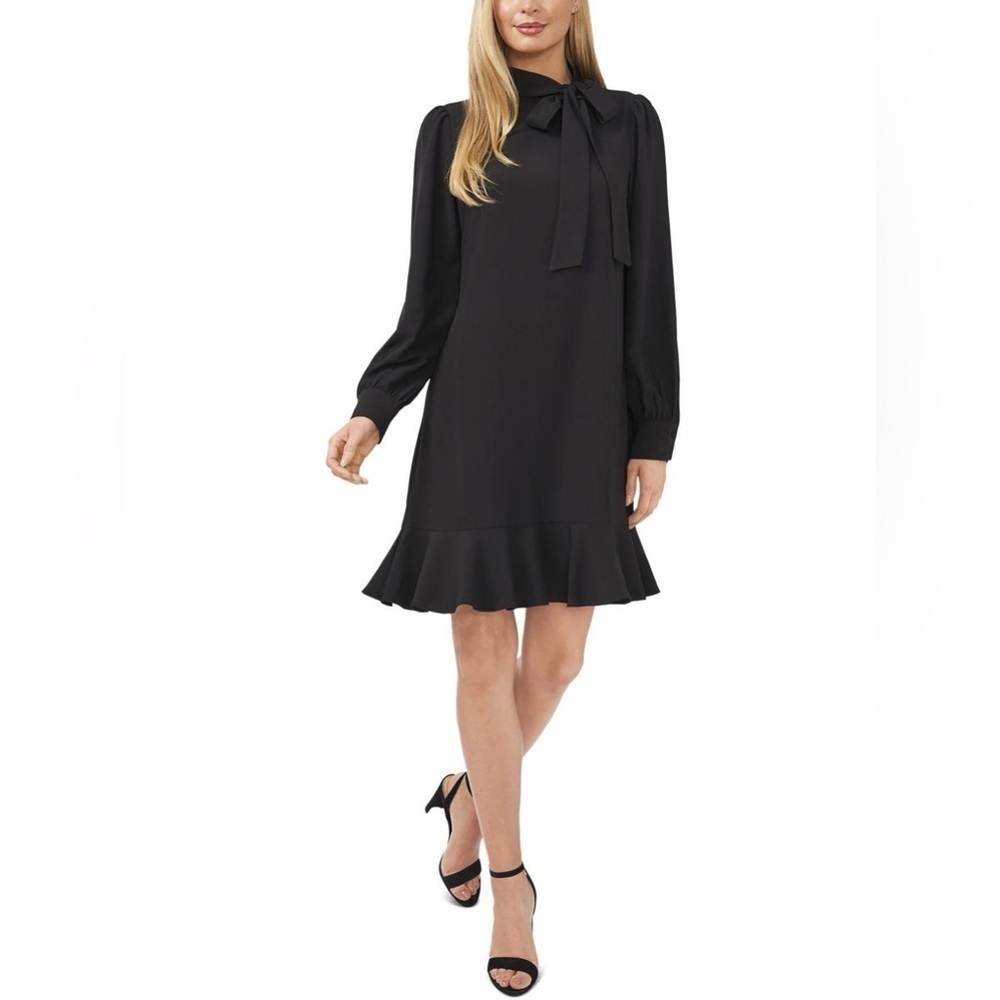 CeCe Black Chiffon Long Blouson Sleeve Tie Neck Ruffle Hem Lined Dress Size 8